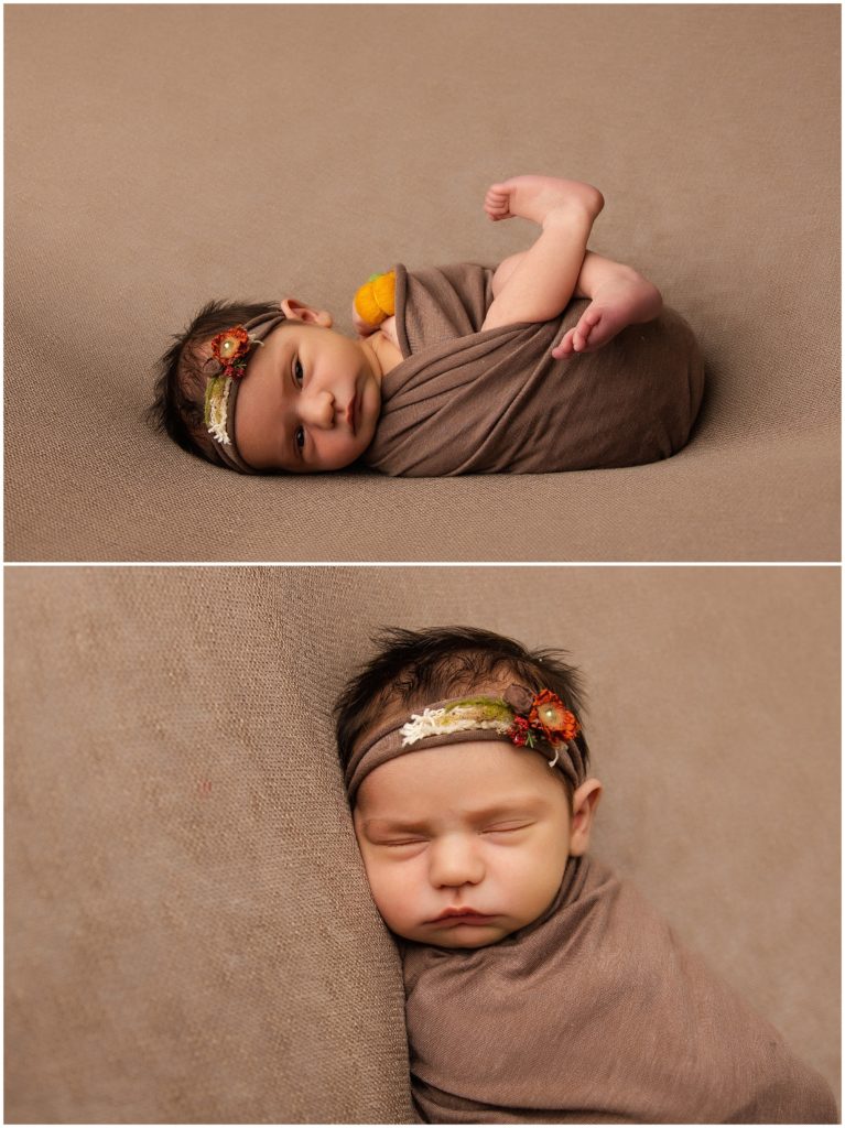 fall newborn session with Baby in brown swaddle and rust and brown headband with one image of baby holding a pumpkin.