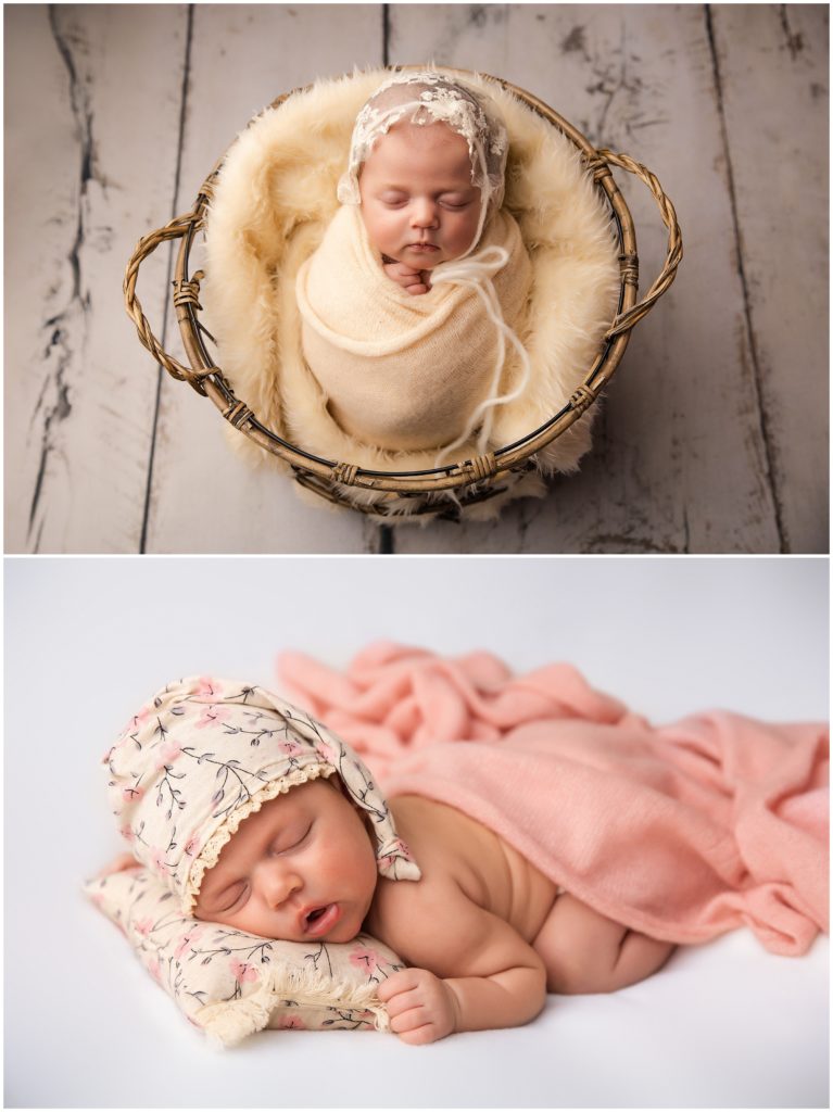 newborn posed in basket and on white fabric