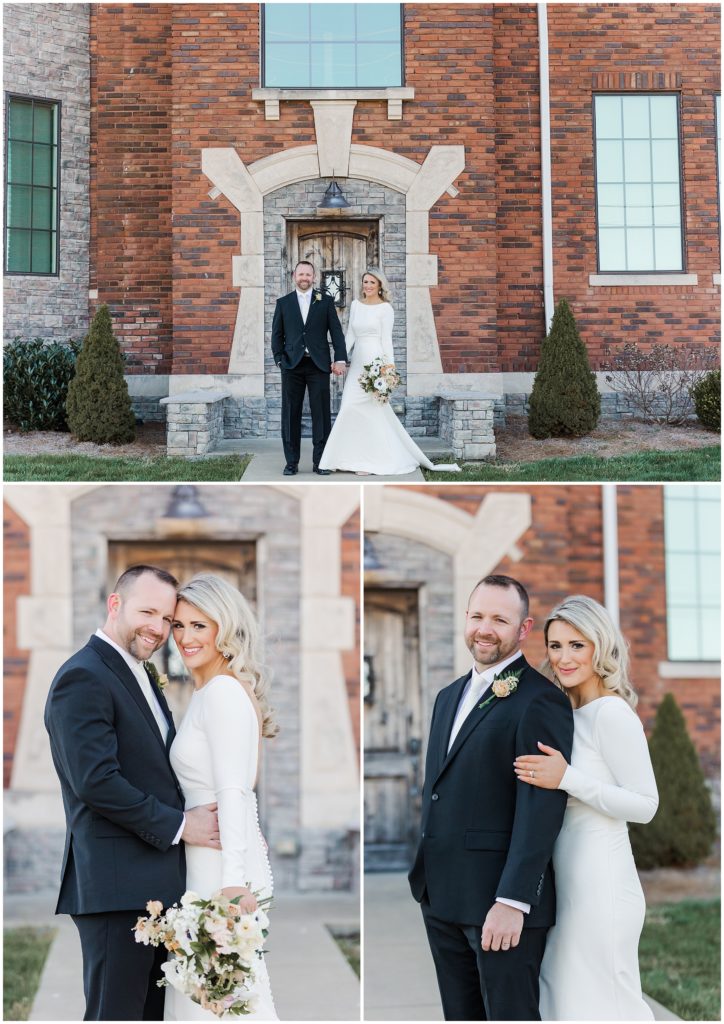 bride and groom in front of The Blanford House