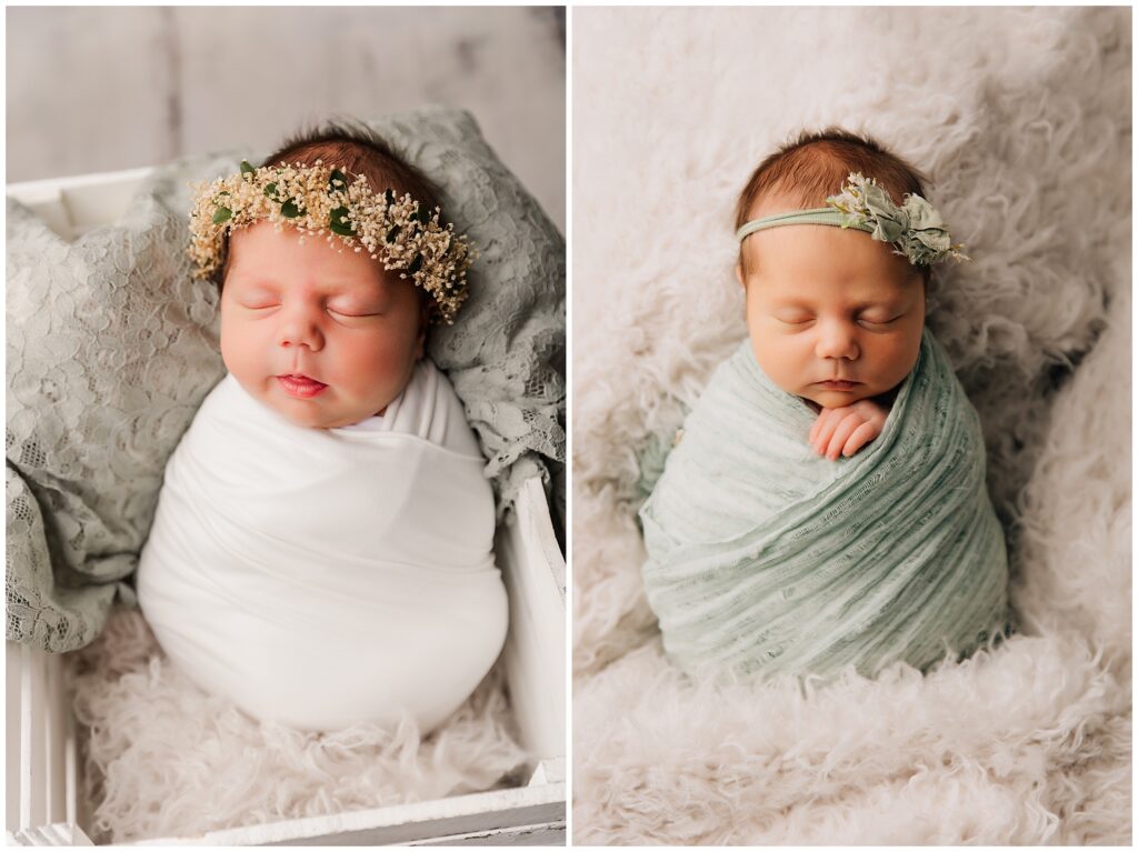 newborn baby wrapped in sage green