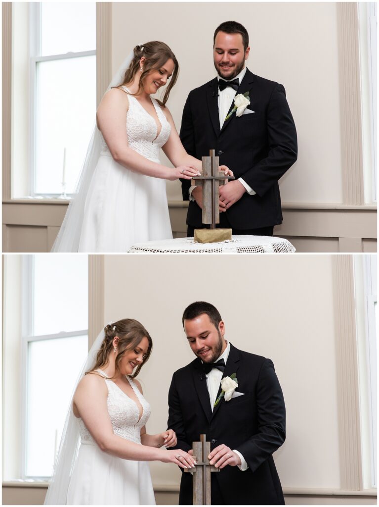 bride and groom with unity cross