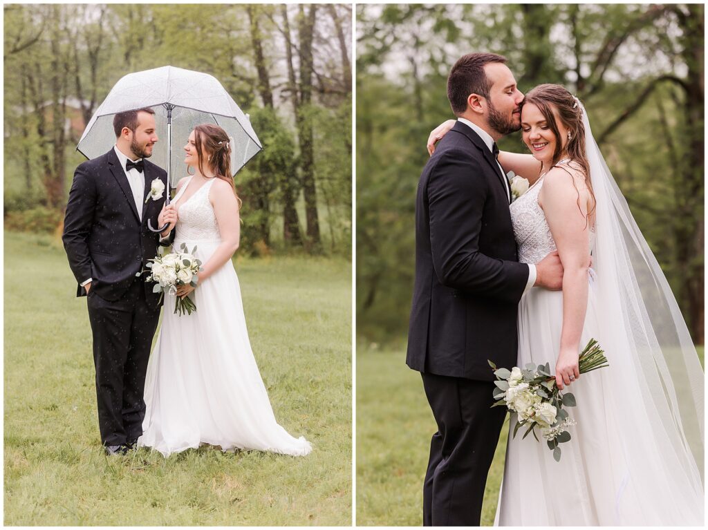 bride and groom holding clear umbrella