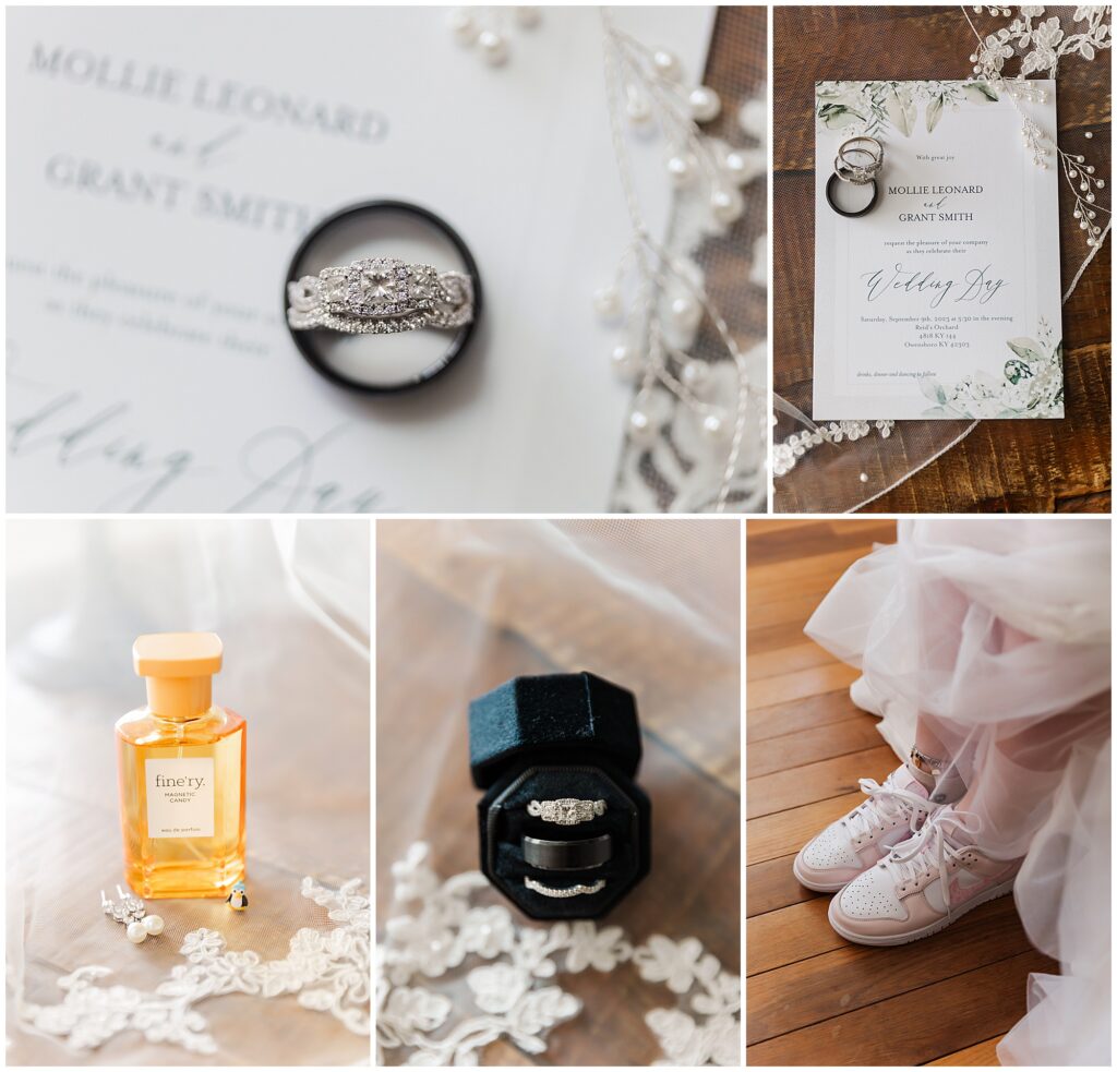 bridal details including ring and perfume