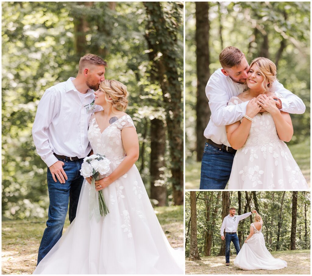 collage of bride and groom portraits with the groom kissing brides forehead and giving bride a bear hug.