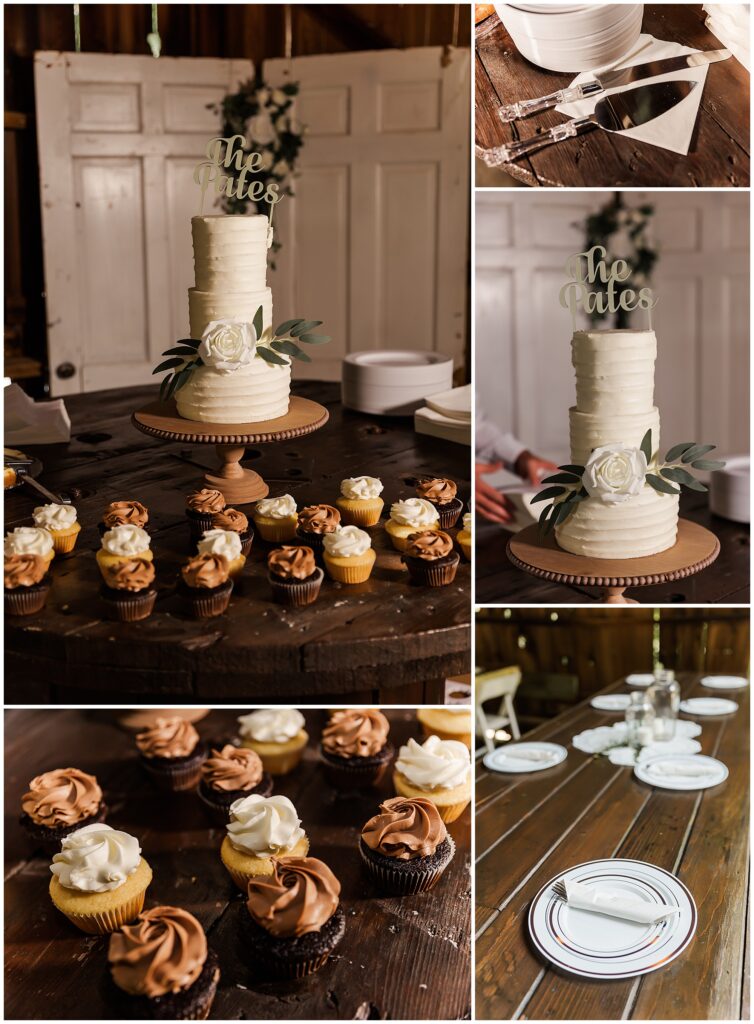 collage of wedding cake and cake details 
