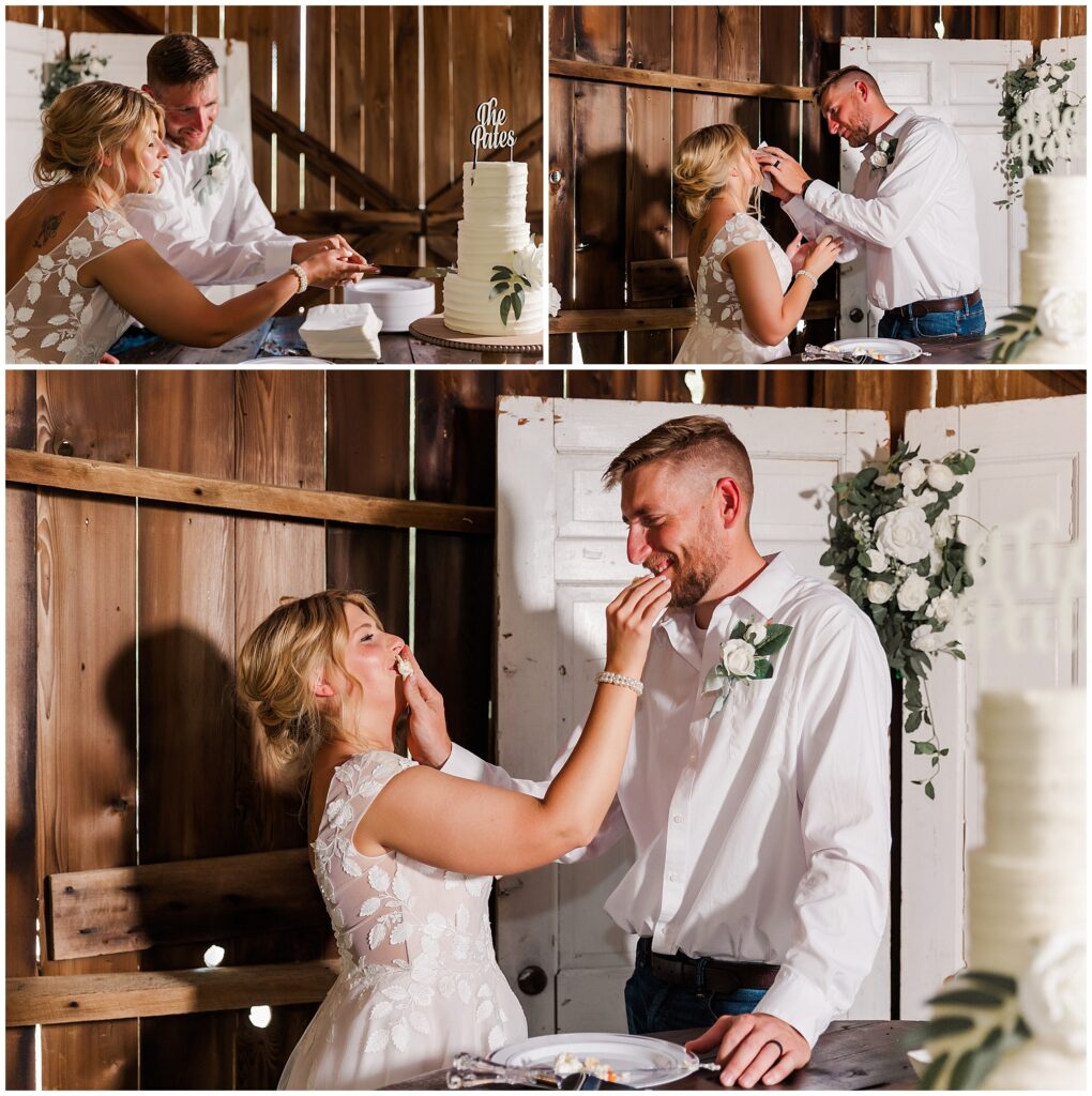 collage of bride and groom cutting cake at reception