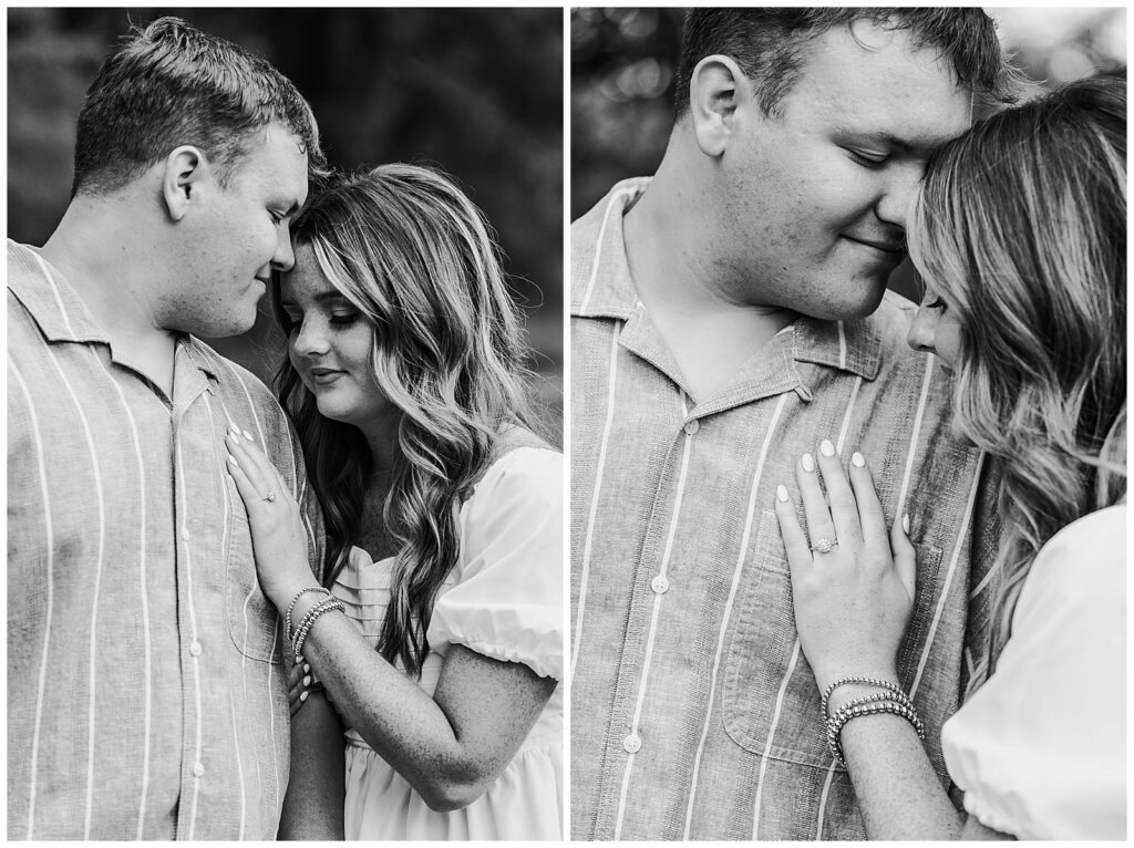 black and white images of girl with head close to boyfriend and her hand on his chest