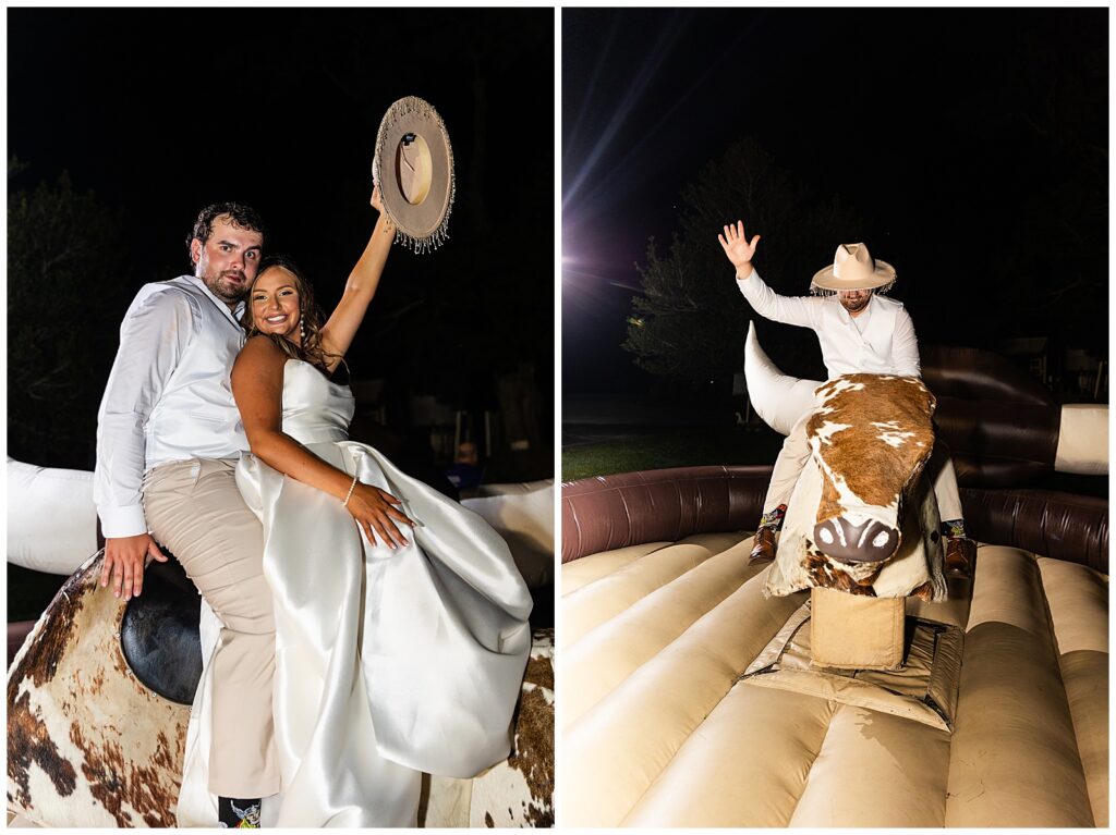 bride and groom on mechanical bull