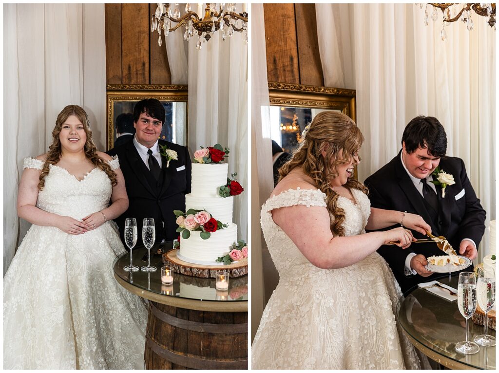 bride and groom cutting cake