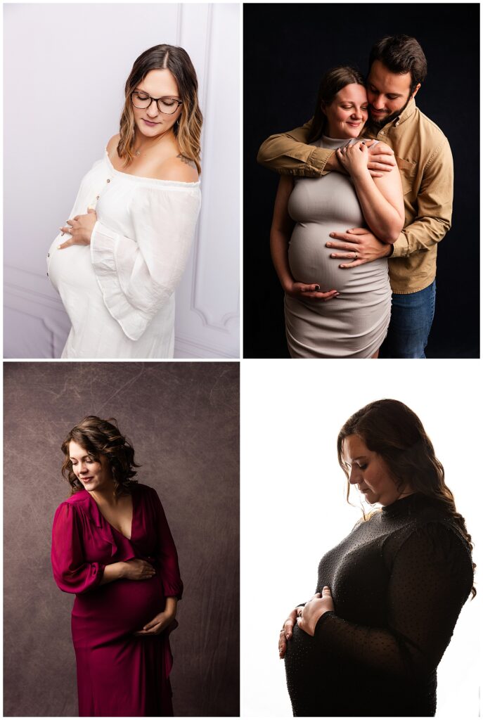 4 image collage of different maternity images.  All with women holding their pregnant belly.  One image features the husbands as well.  